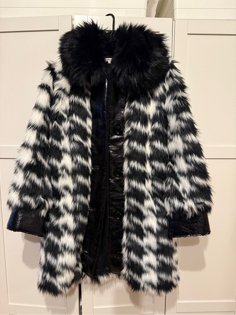 Black & White Faux Fur Teddy Coat with Plush Black Collar